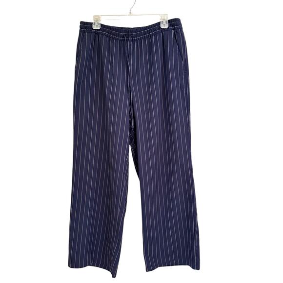 Gap Pull On Wide Leg Navy Stripe Pants Pockets Sz Large Elastic Waist - Picture 1 of 4